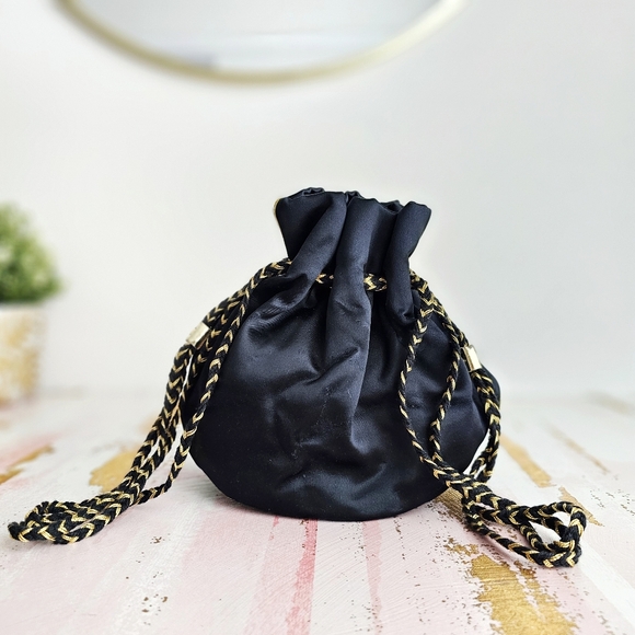 Vtg Luxury Size Bon Bon Black Satin Golden Drawstring Bag, Jewelry Tote Bag - Picture 1 of 16